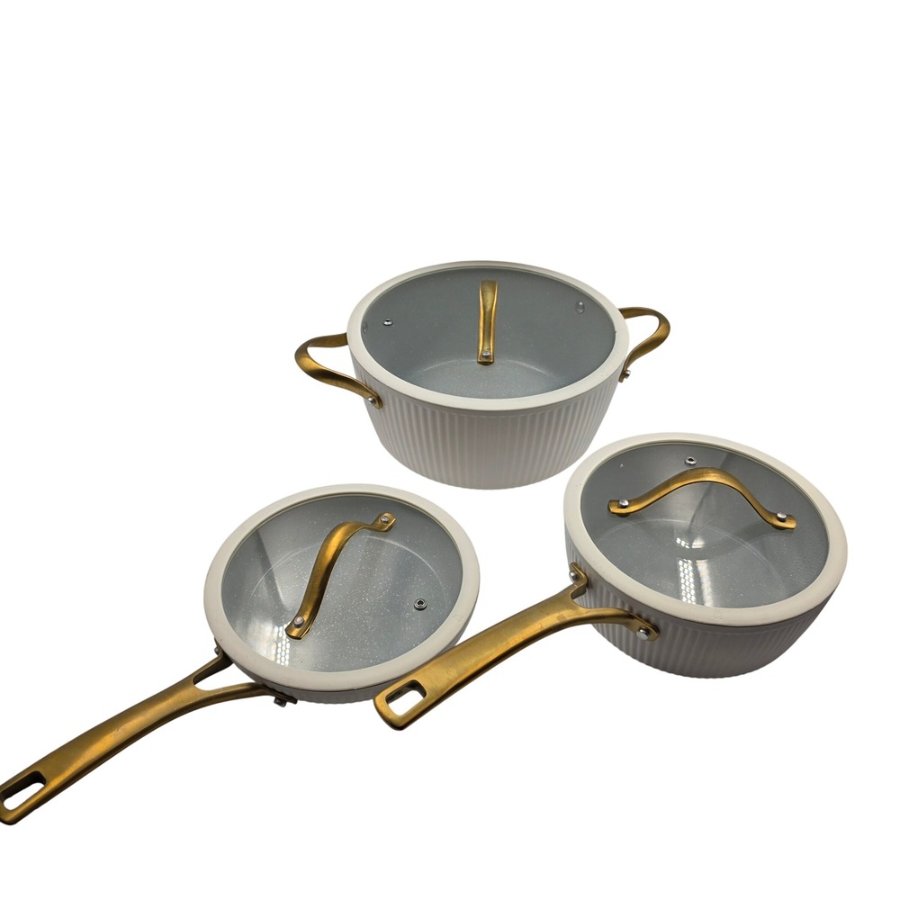Thyme & Table 6 Piece Cookware Set Cream White Gold Handles Non-Stick Ribbed L3